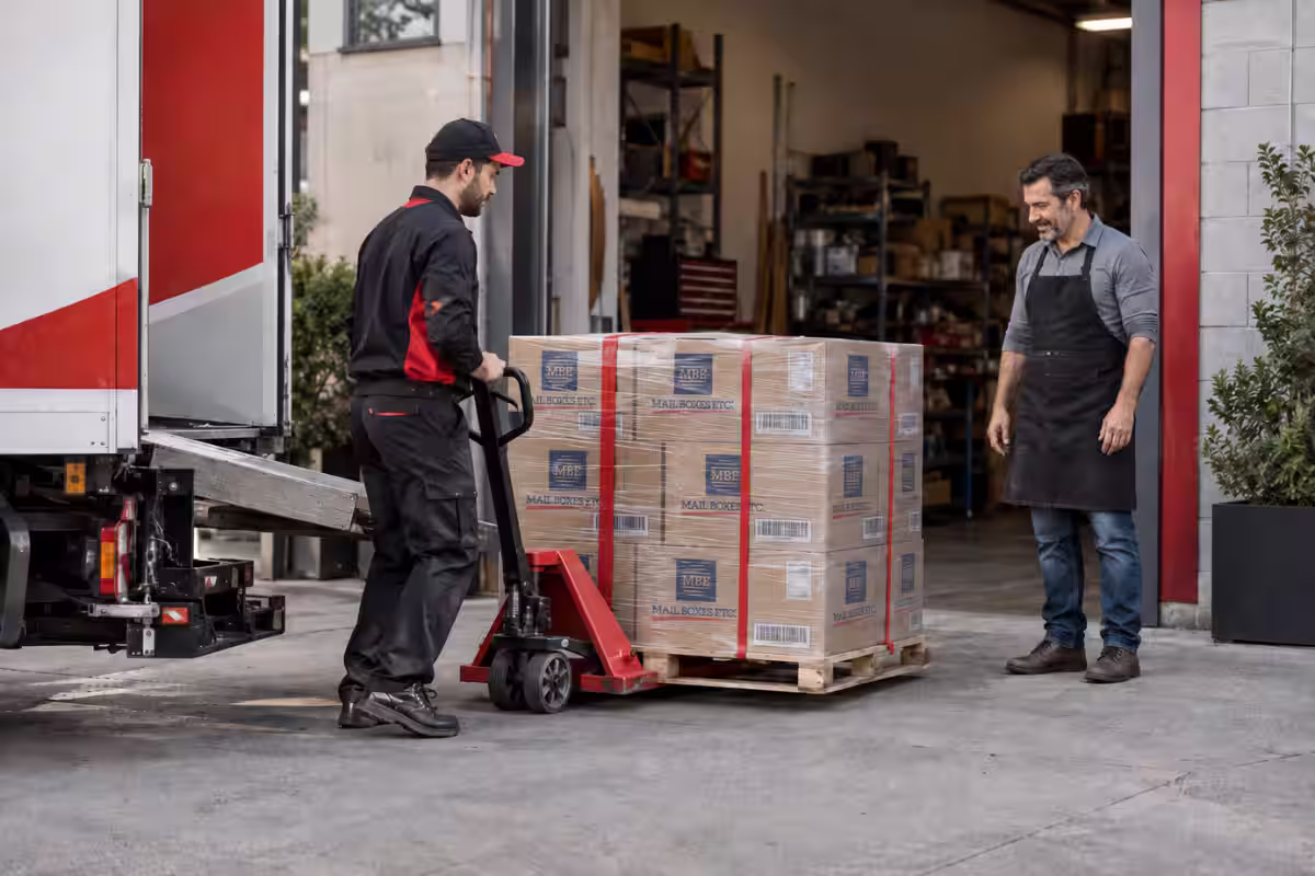 Cliente recibiendo su tarima en la entrada de su negocio